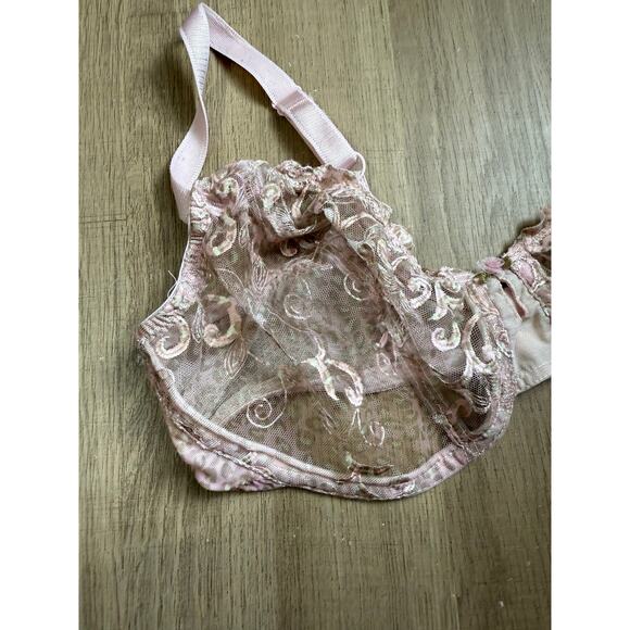 Sheer Embroidered Lace No Underwire Bra Pink Floral Mesh 40D - Picture 4 of 5